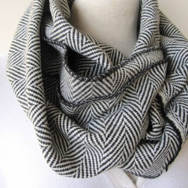 Grey black herringbone, cashmere infinity scarf, super warm infinity scarf,tweed wool scarf, woman fashion, man winter fashion, loop scarf