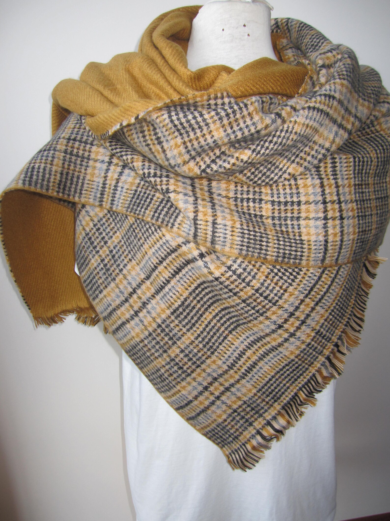 Reversible Tartan Plaid Blanket Scarf Mustard Red Navy Blue Etsy