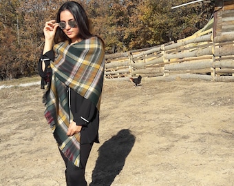 Classic scottish tartan plaid blanket scarf, Flannel square shawl, winter fashion