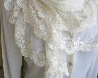 Ivory off white natural cotton -women's scarves - long ruffle lace edge trim - fringe wedding scarf- haute couture Turkish mothers day gift