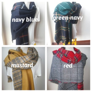 Reversible tartan Plaid blanket scarf- mustard red navy blue green flannel wrap shawl-scarf men&#39;s-women blanket scarf-2024 winter fashion