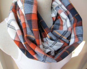 Flannel Plaid Infinity Scarf – Orange, Navy, and White Tartan