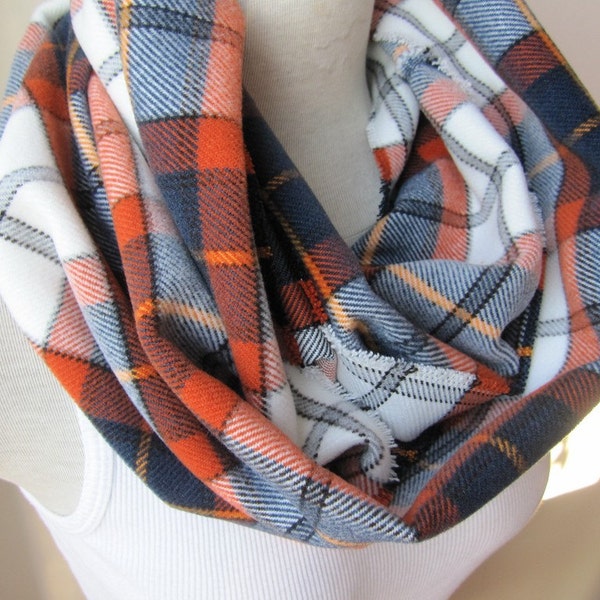 BRONCOS Infinity scarf -Navy blue orange white tartan plaid infinity scarf woman man winter fashion,loop snood scarf-daddy mommy me scarf