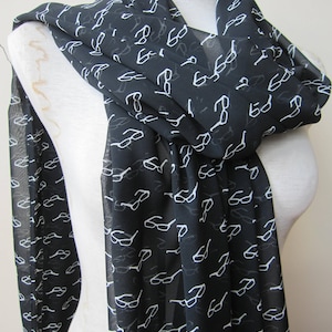 Eyeglasses Scarf, eyeglass Print Scarf- Eye glasses Patterned black white chiffon geeky Scarf-optometrist gitf Scarves, woman fashion scarf