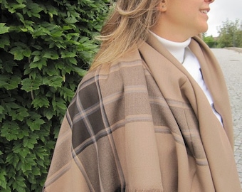 Camel Tartan Plaid Blanket Scarf – Turkish Oversized Shawl, Winter Wrap