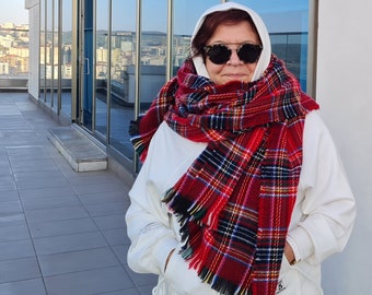 Plaid blanket scarf- tartan plaid Flannel wrap shawl red white black green
