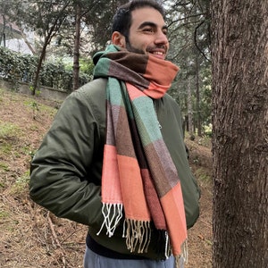 Apricot crush Plaid blanket scarf- plaid Flannel wrap shawl- men women blanket scarf orange camel buffalo plaid -2024 winter fashion Turkey