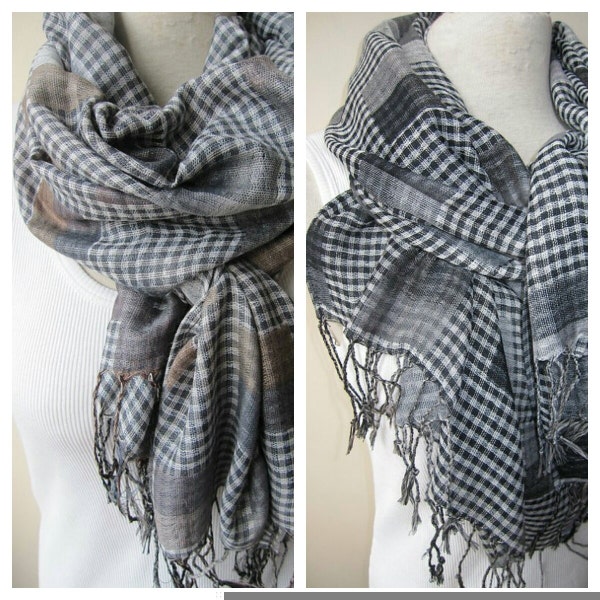 Hijab-gray black beige gingham plaid gauze linen long scarf - woman Man summer fashioN Scarf-Father's day gift -men's scarves  scarves2012