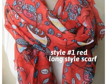 Animal scarves, Owl scarf- gray blue coral red owl scarves women's, owl print scarf/ woman 2024 fall fashion accessories-owl lover gift her