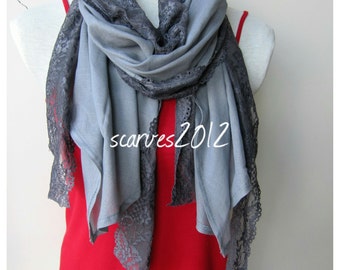 Gray Cotton Gauze Scarf: Shabby Chic Lace Trim, Fall Fashion