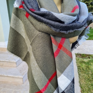 Tartan plaid Flannel blanket scarf -Green red black white purple damson-women blanket wrap shawl scarf - soft warm winter fashion scarf
