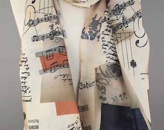 Music Scarf, Music Notes Scarf, Gift for Her, Gift For Musician, Musical Scarf, Musical Print Scarf, Book Text Writing Scarf for women man