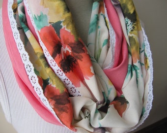 Women's scarves -Mustard Yellow orange floral print scarves-pink linen infinity scarf woman -SS 2020 2021 fashion accessory- gift for woman