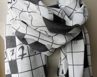 Crossword scarf| Geeky Scarf -down Puzzles print Long scarf-crossword lover gifts for him her-women's scarves-men's scarf book black gray