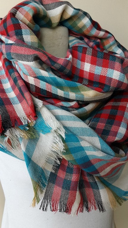 Plaid Blanket Scarf/turquoise Blue Red Ivory Cream Tartan | Etsy