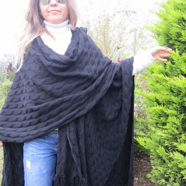 Châle PONCHO surdimensionné, écharpe couverture en tricot torsadé noir uni, écharpe châle portefeuille, femme homme mode hiver-écharpes pour femmes, écharpes pour hommes