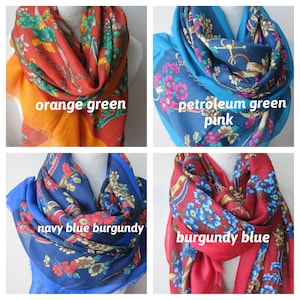 Gift for her Petroleum blue green red floral pashmina fabric shawl scarf- women&#39;s scarves -woman fashion accessories scarves-floral scarf