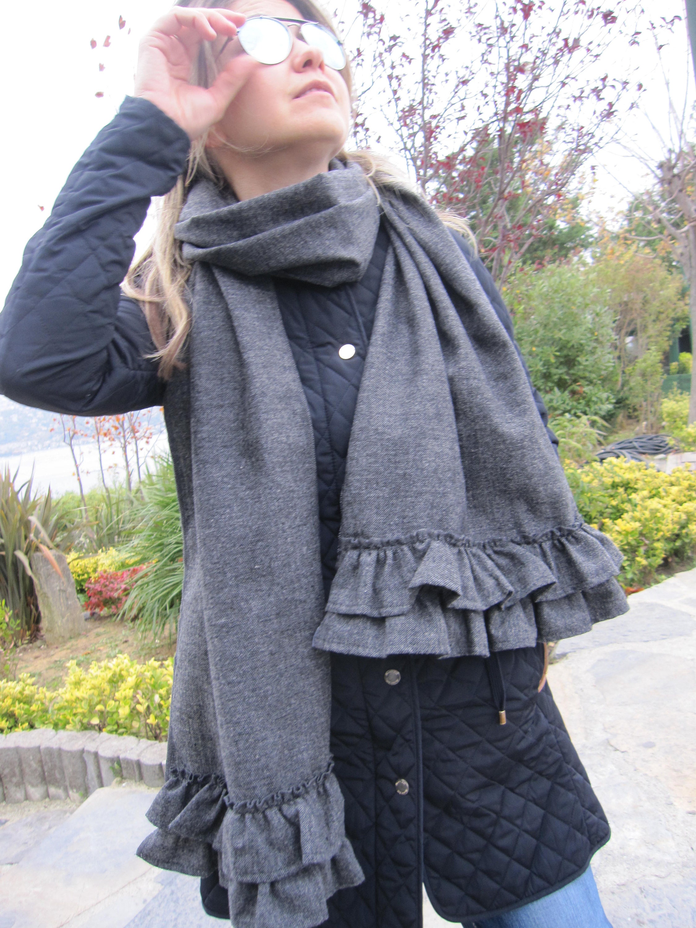 Gray grey women's scarves long ruffled wool tweed