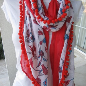 Turkish scarf, tile floral print cotton gauze scarf, red pink pom pom trimmed, yemeni- women&#39;s scarves, Turkey- woman Fashion scarves2012