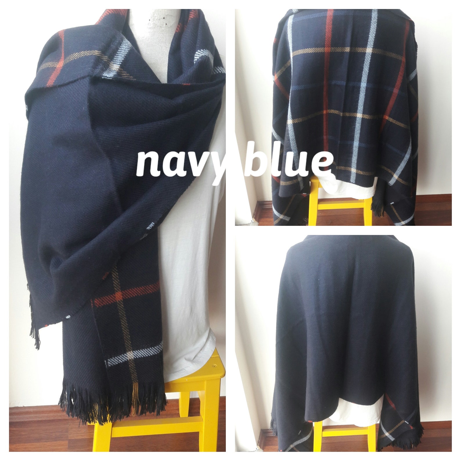 Reversible Tartan Plaid Blanket Scarf Mustard Red Navy Blue Etsy