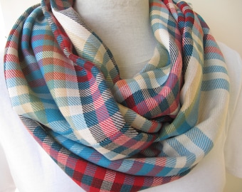 Plaid Infinity Scarf - Red Blue Tartan, Viscose Pashmina