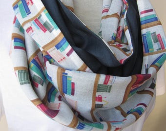 Bookshelf scarf- library book print bookworm infinity scarf women's Librarian Geeky Literary