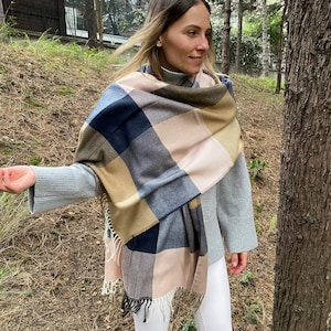 Plaid blanket scarf-buffalo plaid Flannel wrap shawl-navy beige pink plaid-men women blanket scarf-winter fashion warm flannel long shawl