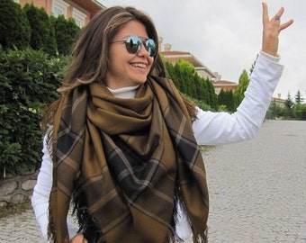 Mustard Tartan Plaid Flannel Scarf – Oversized Blanket Shawl