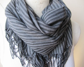 Striped Cotton Scarf: Gray, Black & Blue, Turkish Made