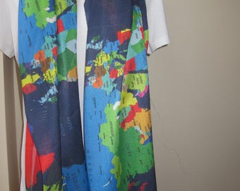 World Map Scarf – Gauze Linen Travel Scarf, Navy Blue