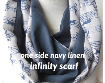 Cat Music Notes Print Scarf - Gray Cotton Gauze & Linen Infinity Scarf