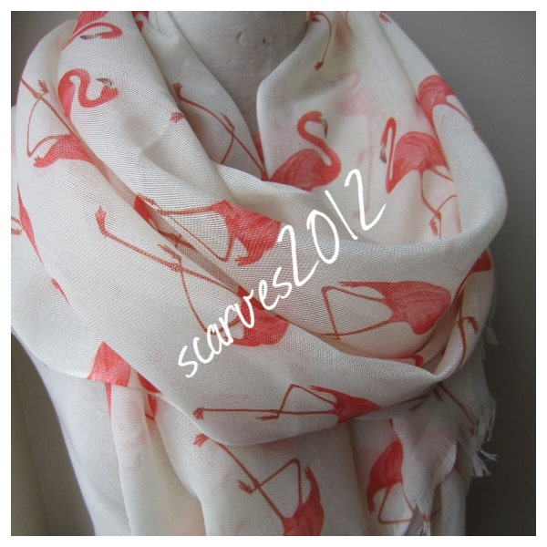 Pink Flamingo printed scarf, long gauze linen scarf- flamingo lover gift scarf- women's scarves -2024 woman fashion accessories scarves2012
