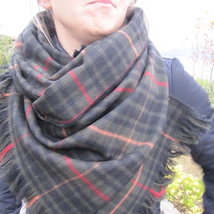 May include: A black and green plaid scarf with fringed edges. The scarf is folded and draped around a person's neck.