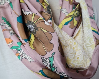 Orange yellow green floral infinity scarf loop lace and satin fall fashion accessories