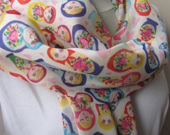 Matryoshka Doll Print Scarf, Gauze Linen Blend, Russian babushka nesting doll