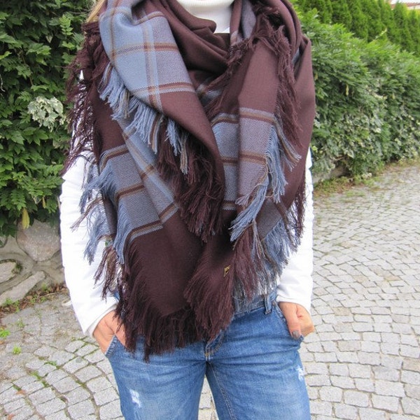 Wool blanket scarf damson burgundy blue Tartan plaid blanket scarf,flannel -man fashion blanket shawl-women's scarves - men's winter scarves