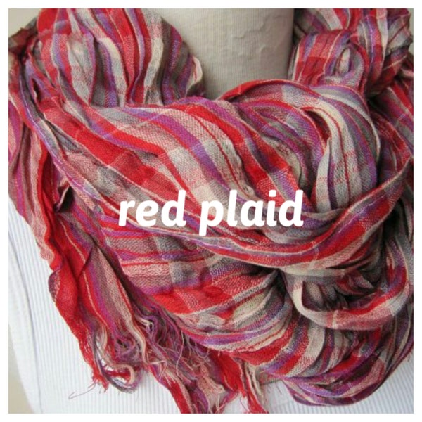 Plaid crinkle gauze linen fabric long scarf-man fashion- mad-women's-Unisex-SCOTTISH Scarf-Spring Summer FASHION- Denim blue orange red rust