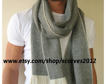 Herringbone Scarf - Ivory & Black Wool Cashmere Blend Tweed