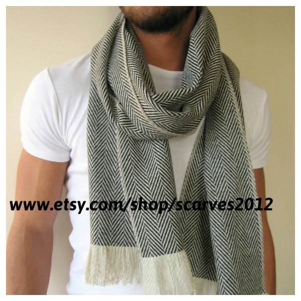 Wool fabric Winter scarf -Ivory white Black Herringbone long cashmere tweed scarf-Turkey 2023 winter FASHION men's scarves blanket scarf