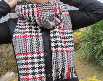 Red Black Houndstooth Plaid Scarf, Flannel Wool Blend