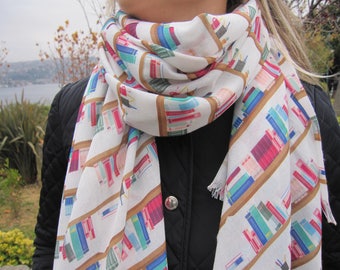 Bookshelf Print Scarf – Literary Book Lover, Gauze Linen