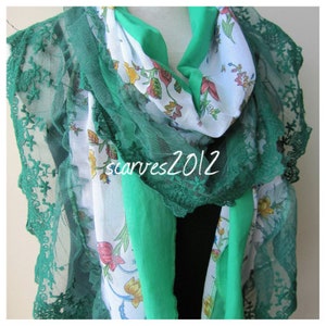 Emerald green scarf, Floral cotton gauze Turkish scarf, royal Blue white -lace ruffled shabby chic scarf, women scarves, boho woman Fashion
