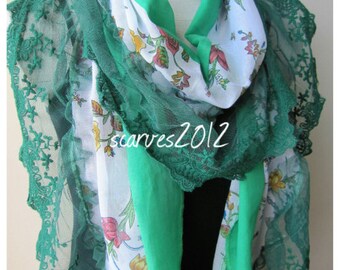 Emerald Green Floral Cotton Gauze Scarf: Boho Lace Ruffled Scarf