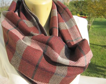Plaid Infinity scarf, Men's scarves, Bordeaux burgundy gray, wool flannel-tartan plaid long scarf, woman-man winter fashion gift scarves2012