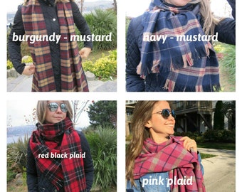 Tartan plaid Flannel blanket scarf- men women shawl winter fashion navy blue red burgundy pink gray