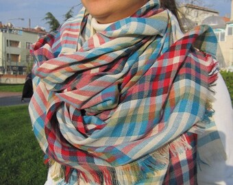 Plaid blanket scarf - turquoise blue red tartan Plaid shawl Scarf-fall fashion Accessory-men-Woman winter fashion 2024 trends gift for her