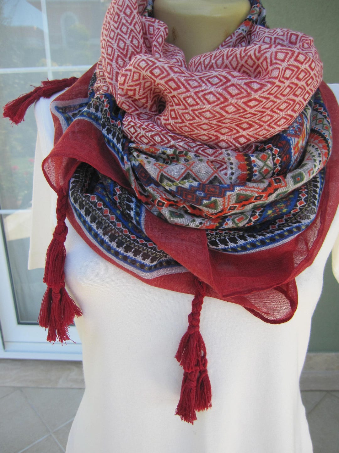 Tassel Fringe Scarf Red Blue Tribal Turkish Kilim Floral Fabric Shawl