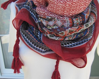 Tassel fringe scarf red blue tribal Turkish kilim floral fabric shawl