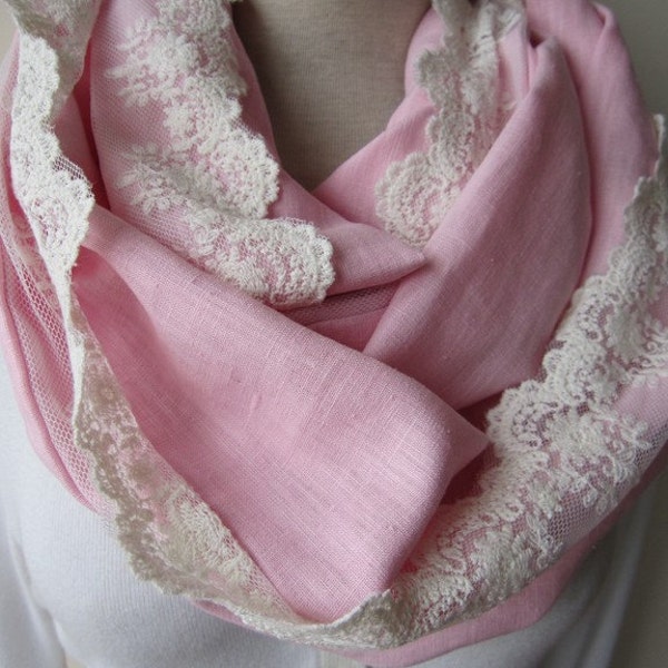 Pink ivory oatmeal linen lace infinity scarf-shabby chic cotton lace trim-Turkey fall FASHION embellished, womens scarves, lace fashion