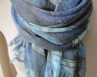Plaid infinity scarf - Plaid long scarf - Gauze linen scarf- Men's scarves - denim navy blue patchwork print  -Turkish Scarf unisex scarves